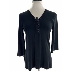 Kenar Womens Knit Blouse Black 3/4 Sleeve Lace Up V Neck Top Size Medium